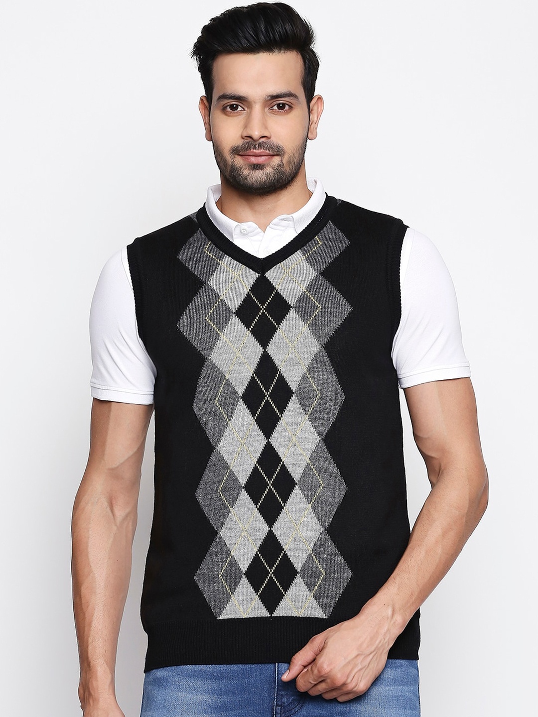 

BYFORD by Pantaloons Men Black & Grey Self Design Acrylic Sweater Vest