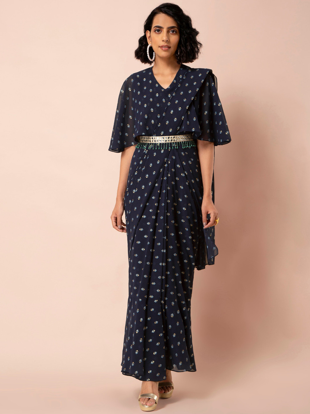 

INDYA Navy Blue Printed Foil Belted Ready To Wear Sari Tunic