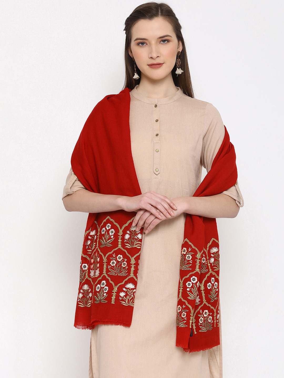 

SHINGORA Women Red & Gold-Coloured Embroidered Pure Wool Shawl