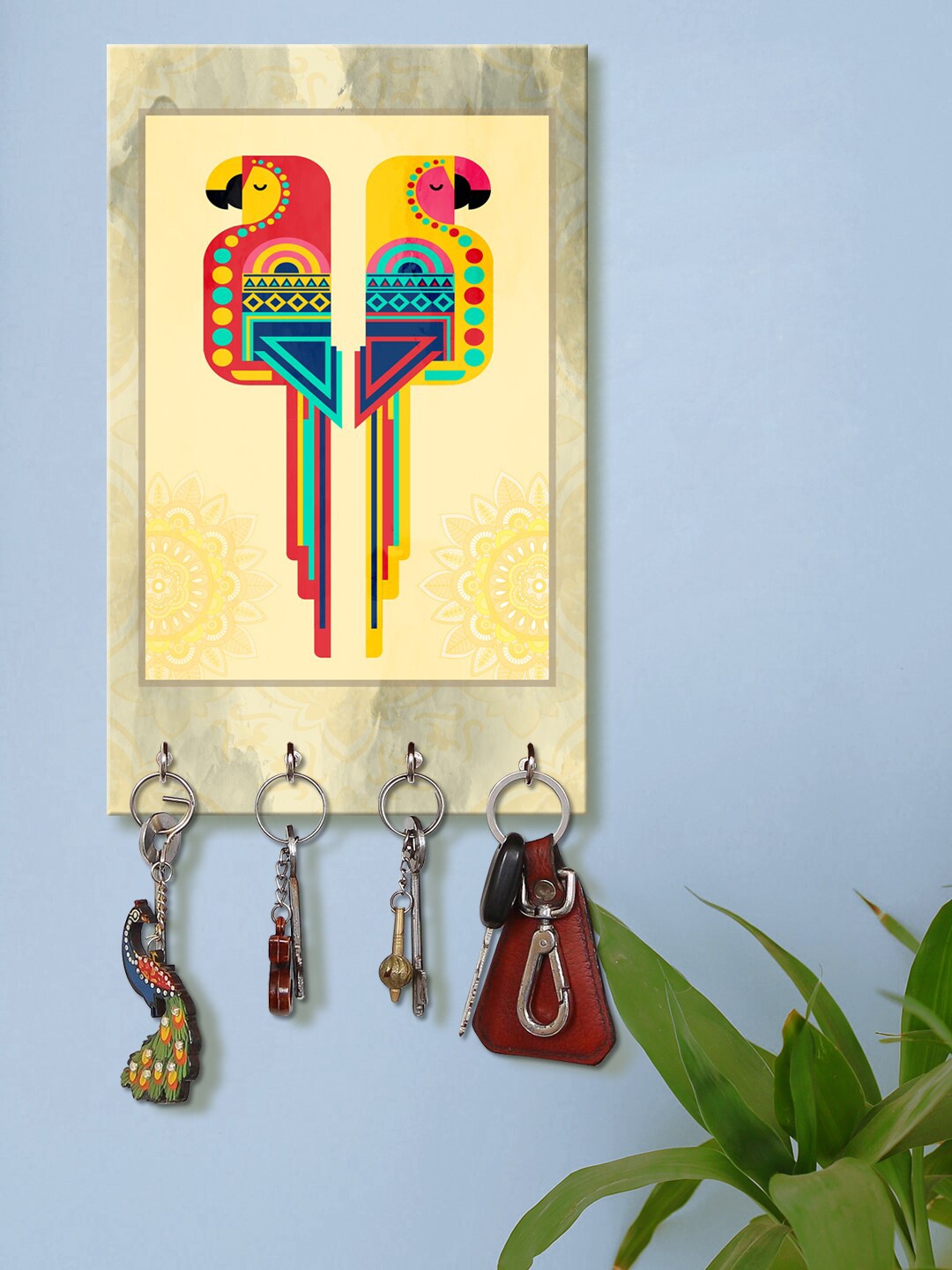 

999Store Multicoloured Combo Parrot Wall Mount Wooden Keyholder, Multi