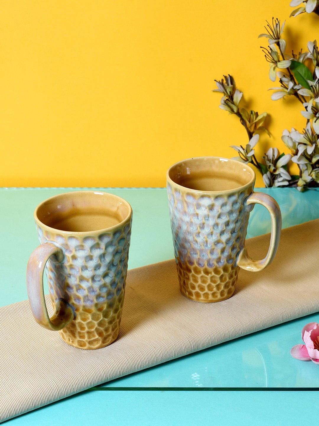 

Unravel India Set Of 2 Brown & Blue Printed Ceramic Studio Mugs