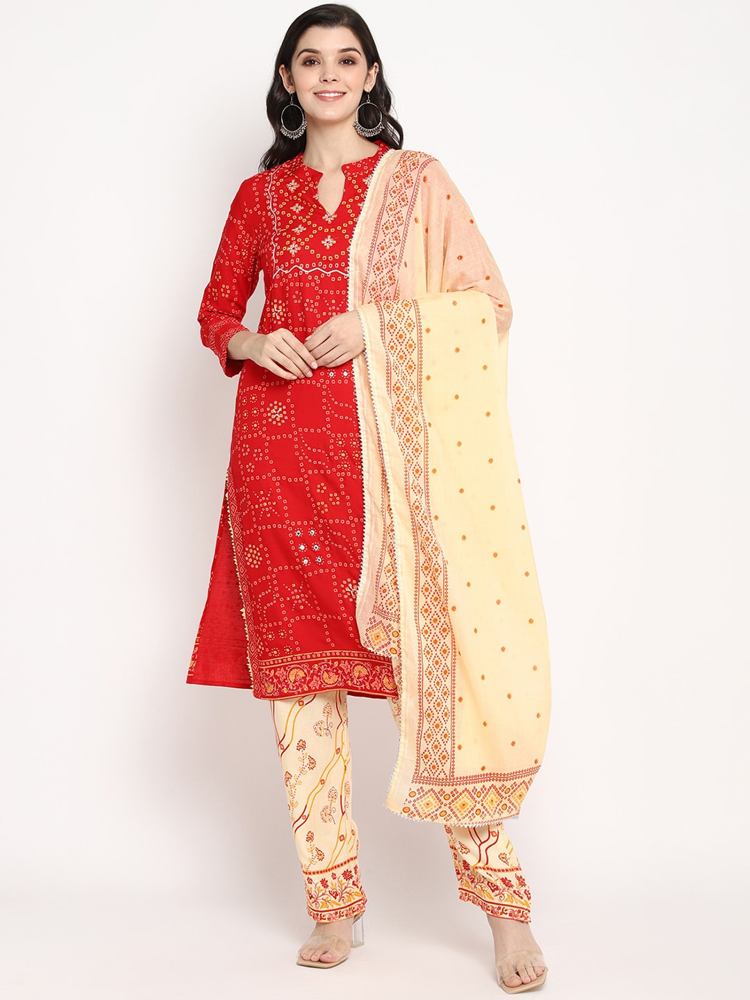 

Prakhya Women Red & Cream-Coloured Printed Kurta with Trousers & Dupatta