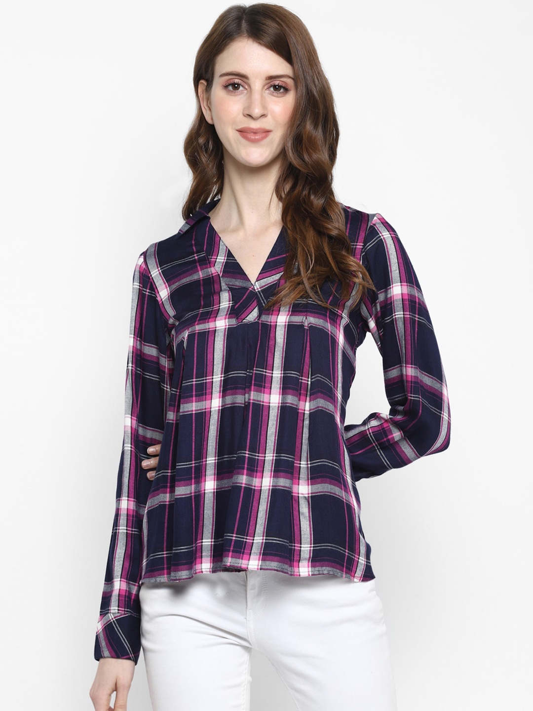 

Taurus Women Navy Blue Checked Shirt Style Pure Cotton Top