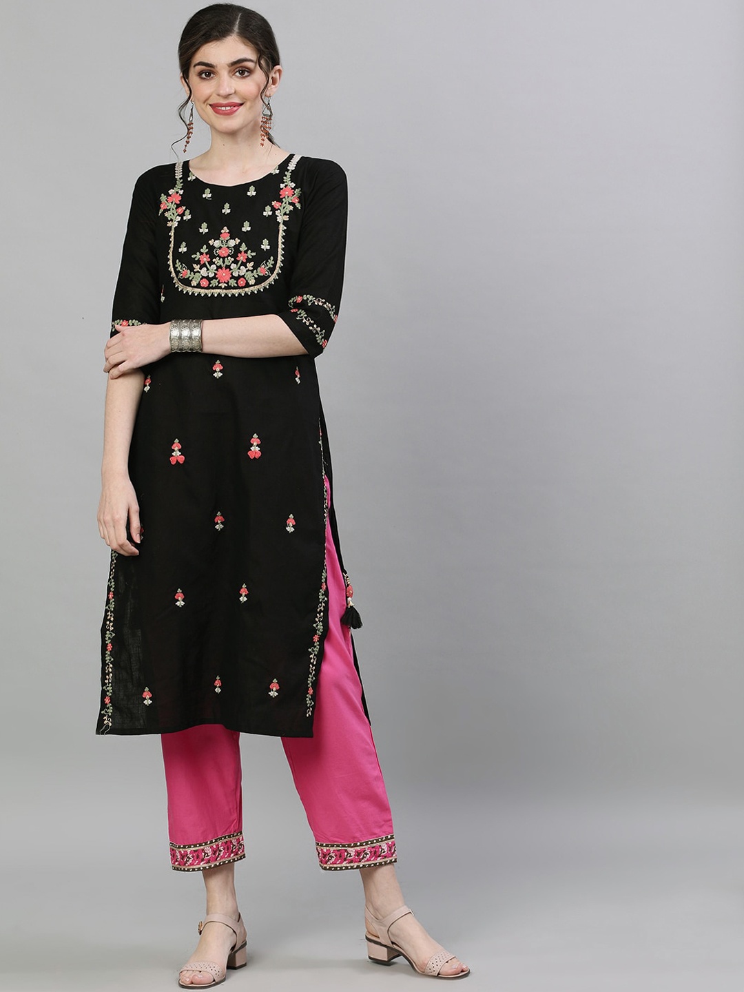 Ishin Women Black & Pink Embroidered Straight Kurta