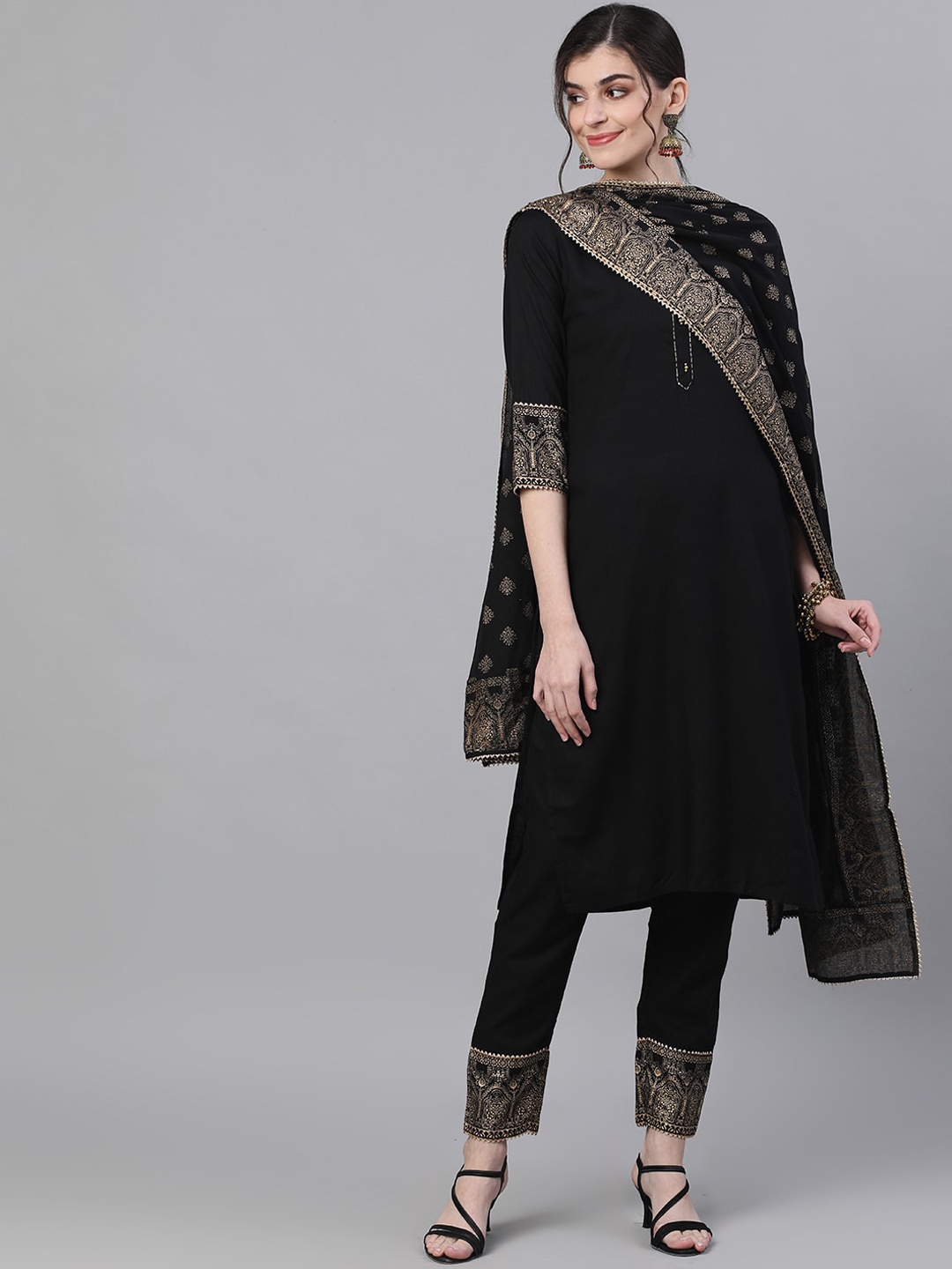 

Ishin Women Black Yoke Design Gotta Patti Kurta with Trousers & With Dupatta