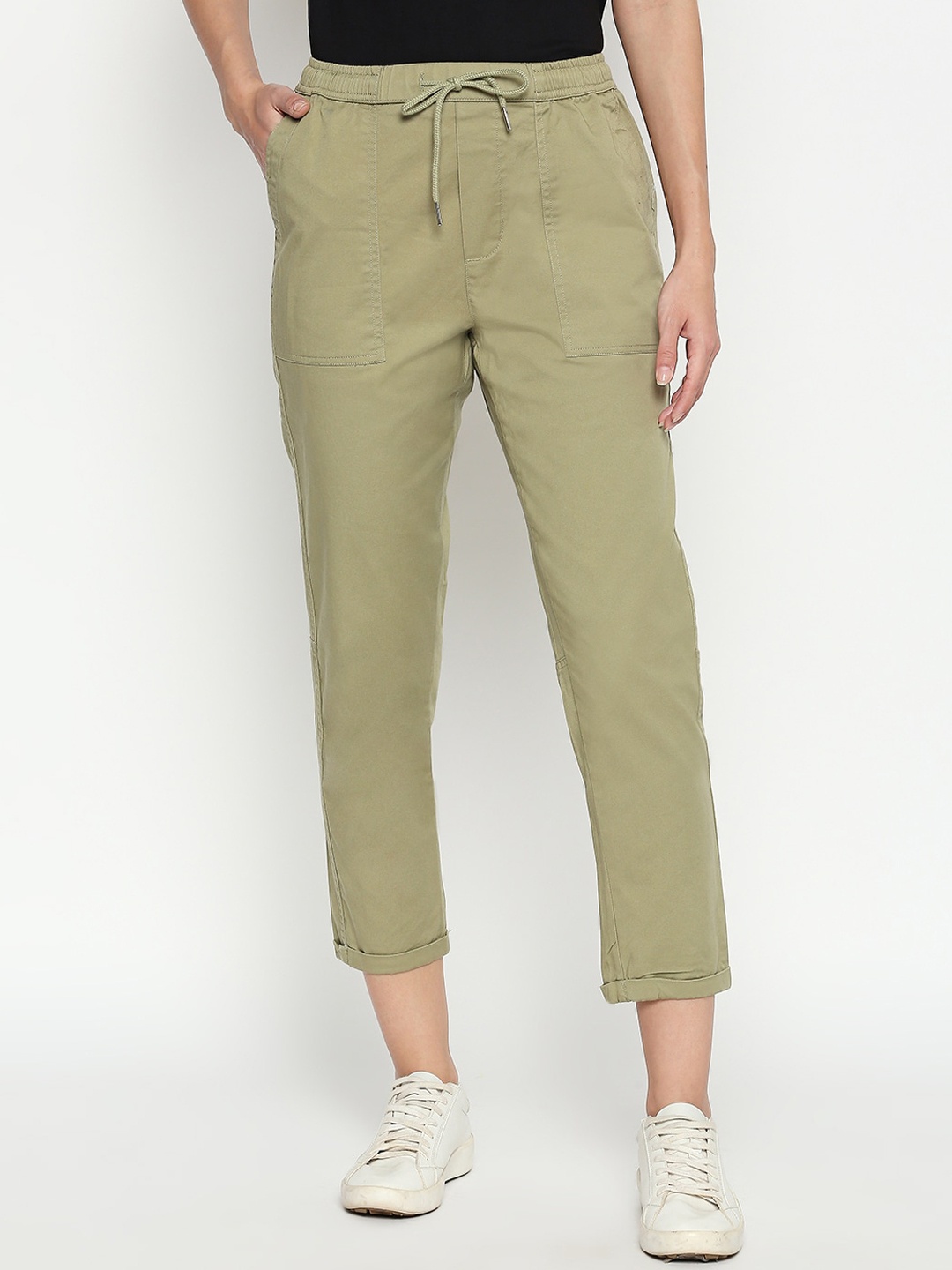 

Honey by Pantaloons Women Olive Green Regular Fit Solid Cotton Regular Trousers
