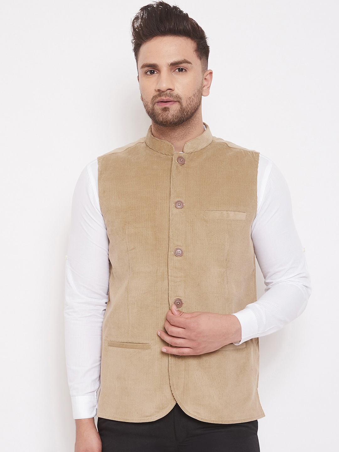 

even Men Beige Solid Corduroy Nehru Jacket