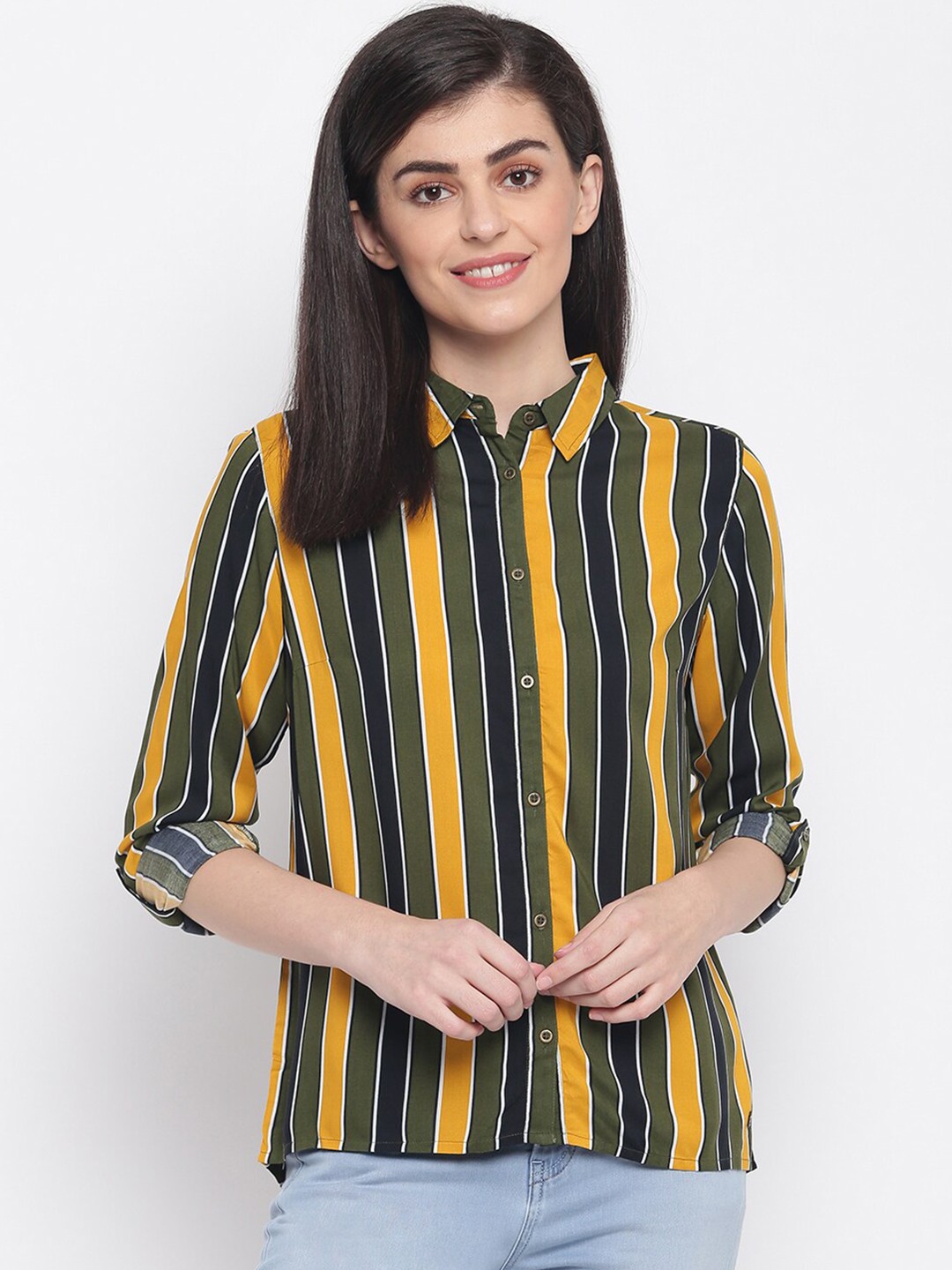 

Pepe Jeans Women Olive Green & Yellow Regular Fit Striped Casual Shirt