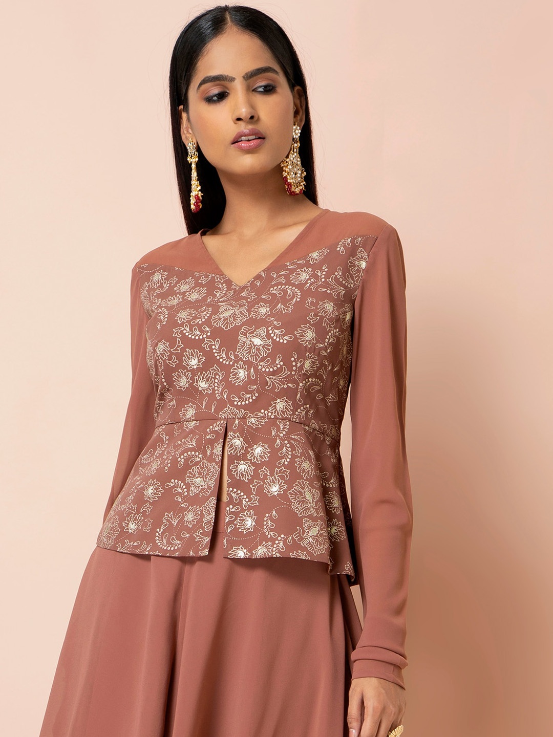 

INDYA Women Pink Rose Printed Peplum Top