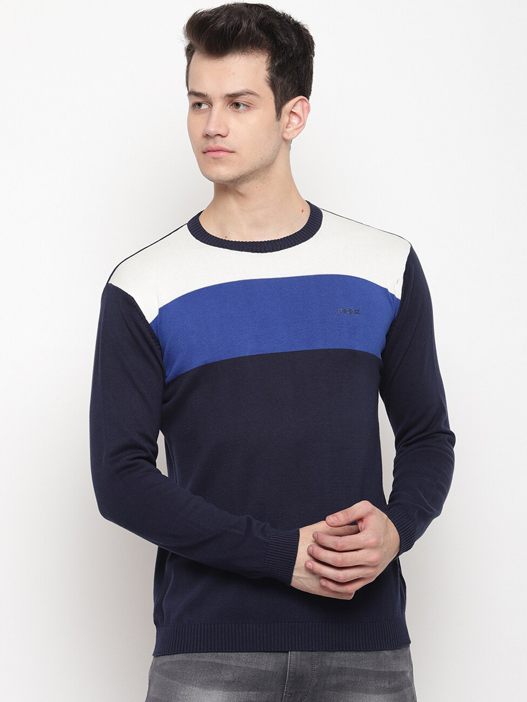 

Pepe Jeans Men Navy Blue & White Colourblocked Pullover Sweater