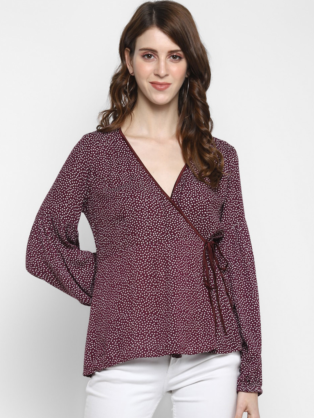 

Taurus Women Burgundy Polka Dot Printed Wrap Top