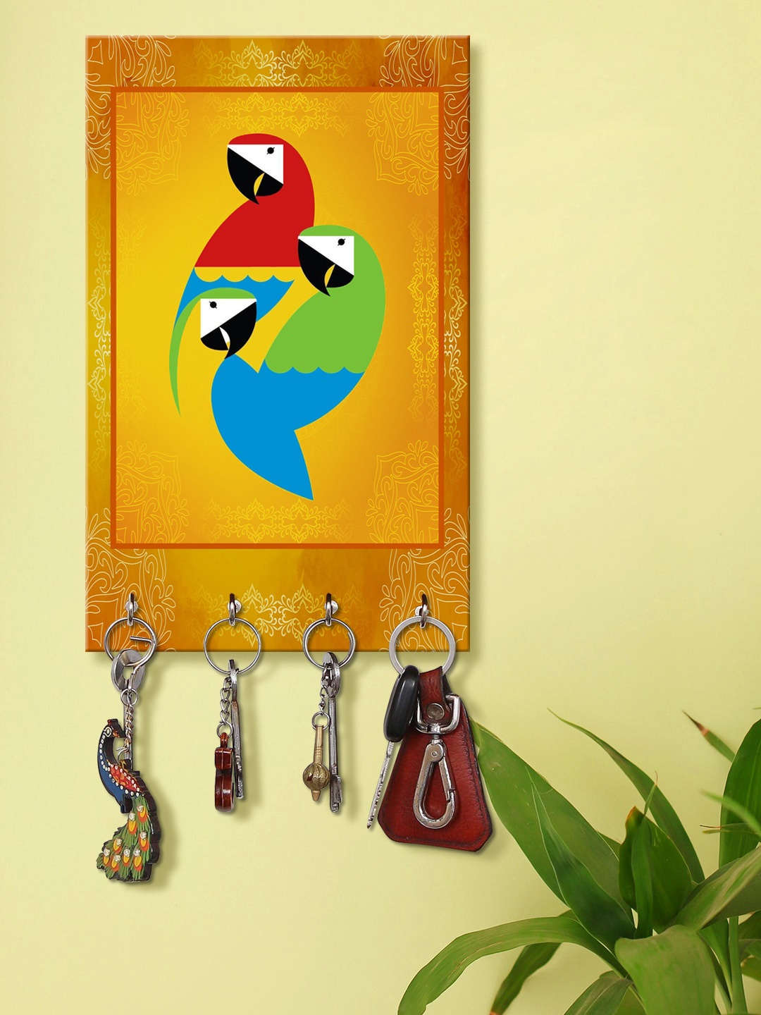 

999Store Yellow & Green Three Parrot Printed Wall Hanging Key Holder