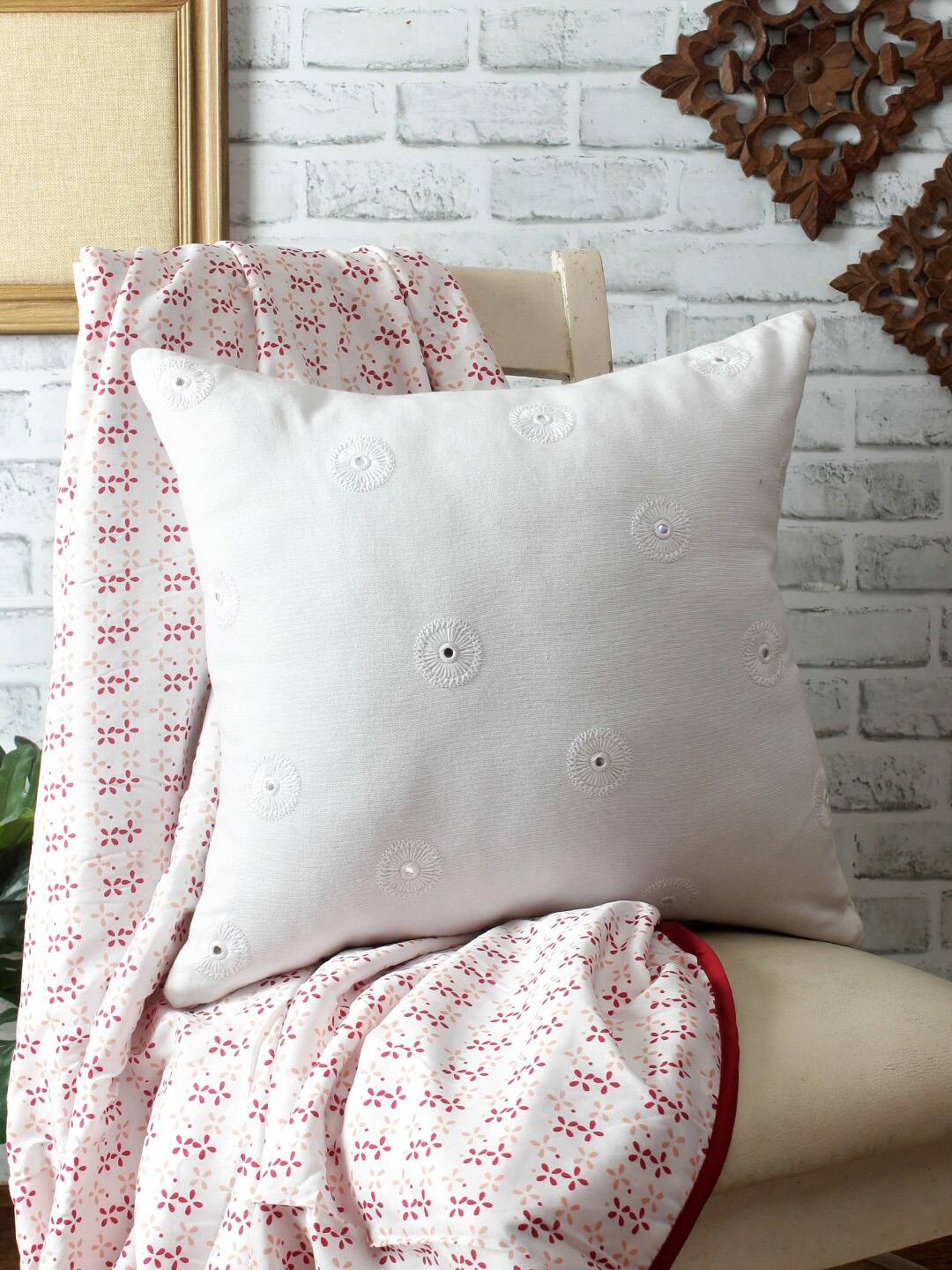 

REME White Embroidered Organic Cotton Sustainable Square Cushion Cover
