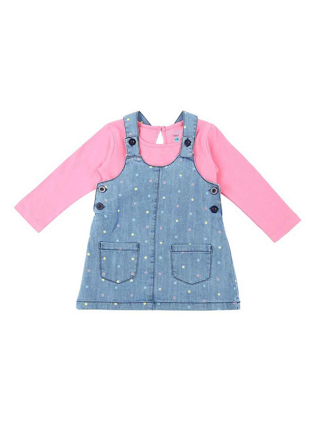 

Pantaloons Baby Infant Girls Blue & Pink Printed Pinafore Dress With T-Shirt