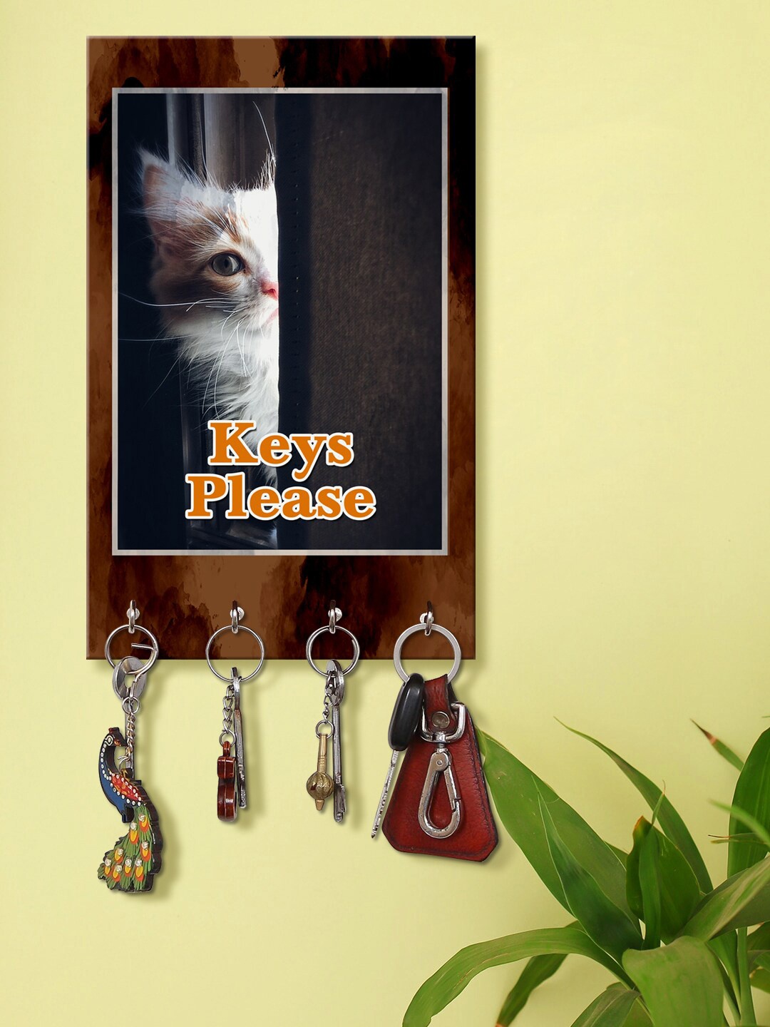 

999Store Brown & White Keys Please Pattern Wooden Keyholder