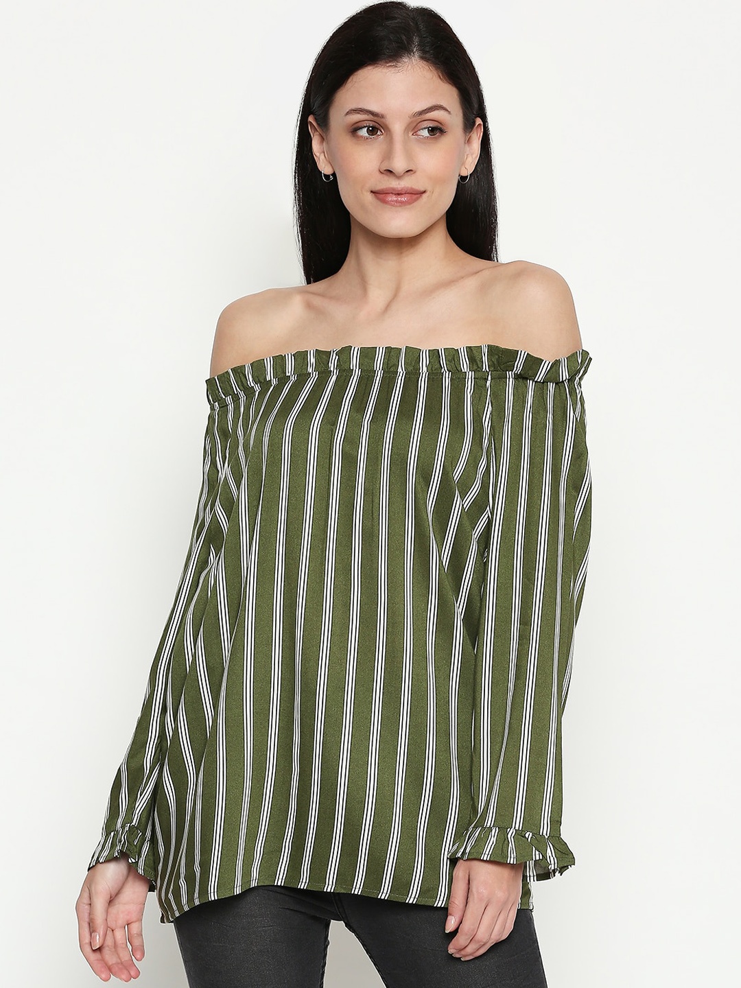 

Honey by Pantaloons Women Olive Green Striped Bardot Top