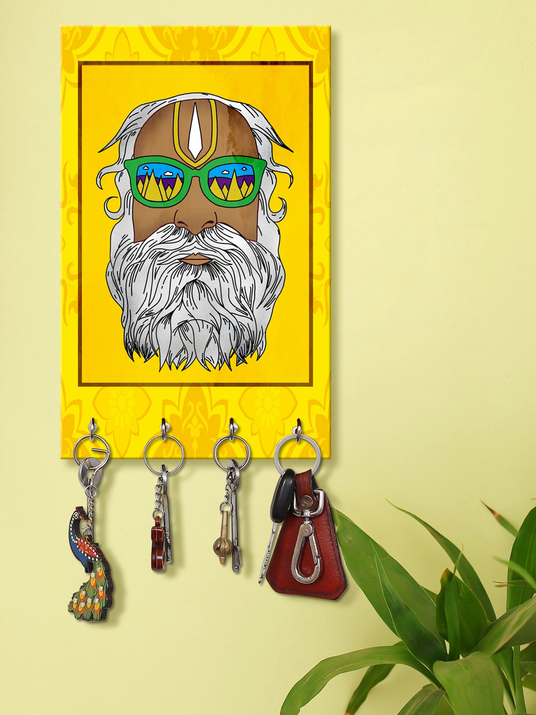 

999Store Yellow & White Old Baba With Hair And Beard Printed Key Holder With 4 Hooks
