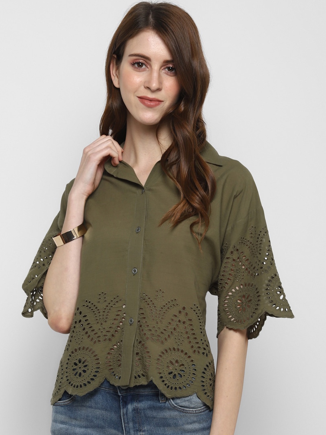 

Taurus Women Olive Green Regular Fit Solid Cotton Casual Shirt