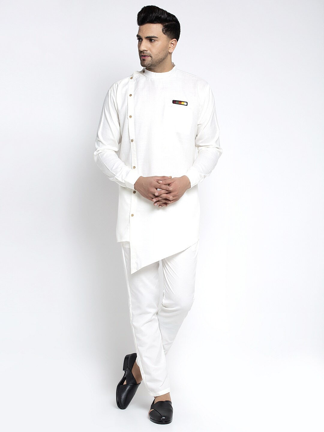 

Benstoke Men White Solid Angrakha Kurta with Trousers