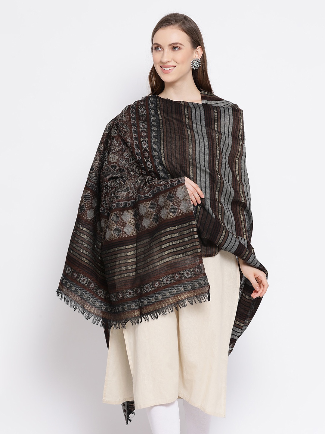 

SHINGORA Women Black & Silver-Coloured Jacquard Woven Design Woolen Shawl