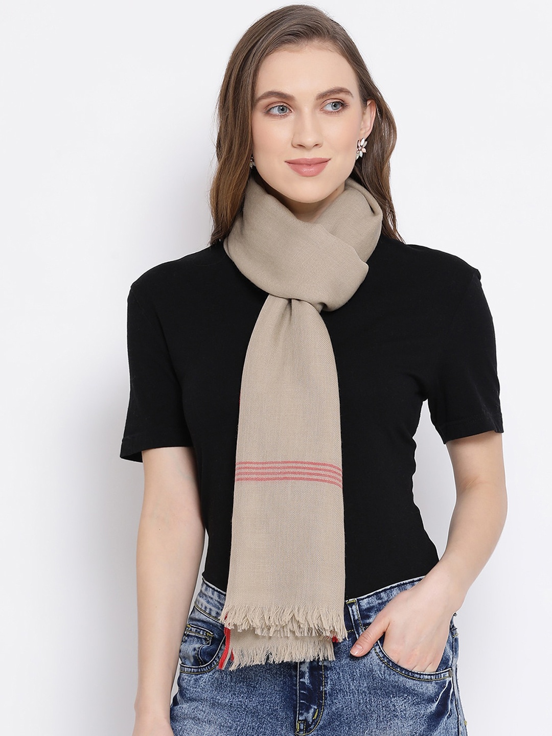 

SHINGORA Women Beige Woven Design Pure Wool Dobby Stole