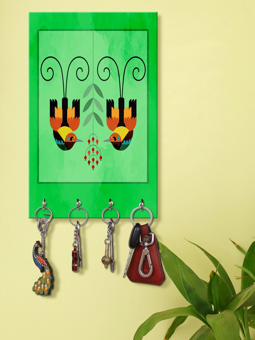 

999Store Green Combo Magping Birds Printed Key Holder With 4 Hooks