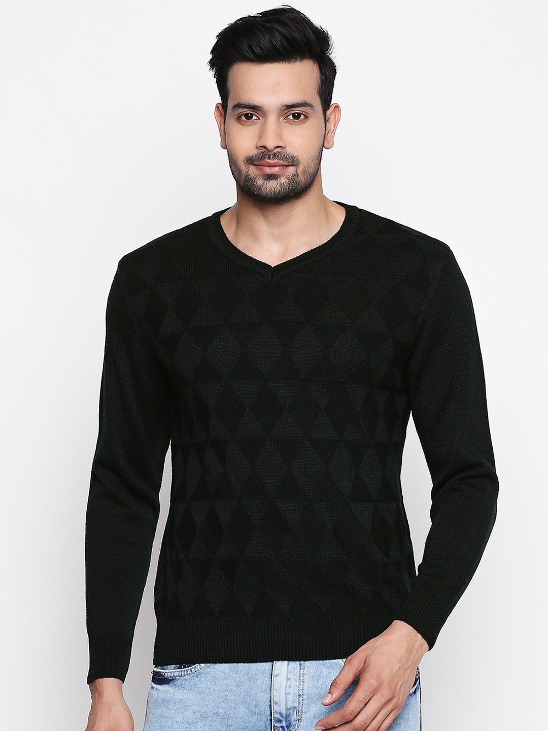 

BYFORD by Pantaloons Men Green & Black Printed Acrylic Pullover Sweater