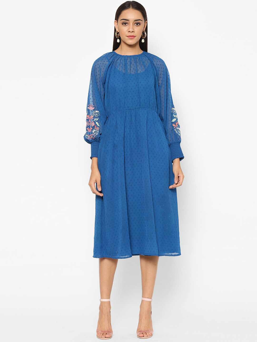 

HOUSE OF KKARMA Women Blue Self Design Fit and Flare Dress