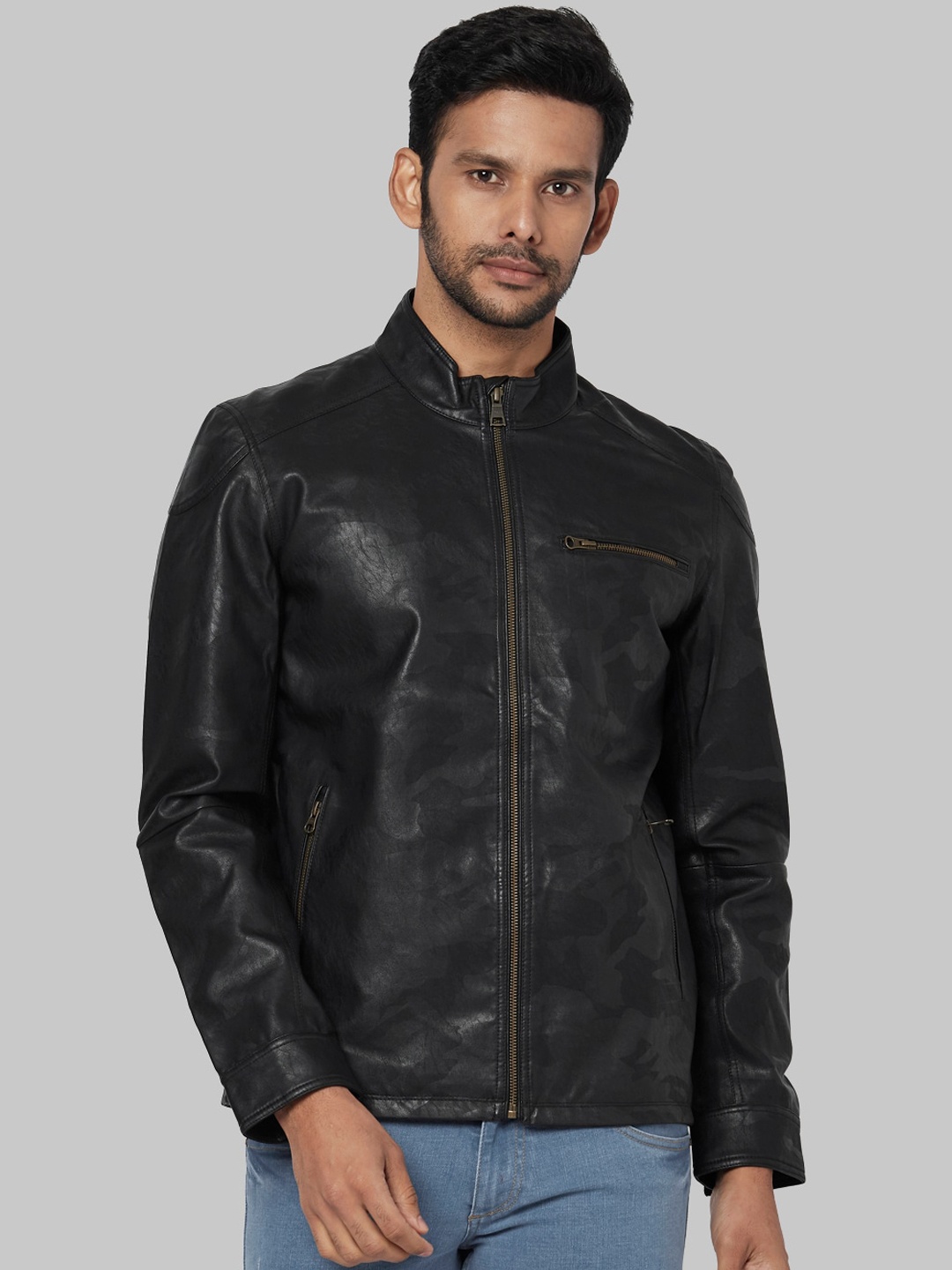 

Park Avenue Men Black Printed Biker Jacket