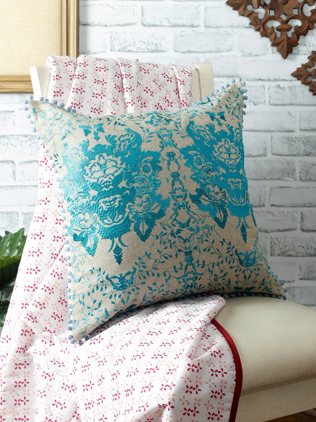 

REME Turquoise Blue & Beige Embroidered Organic Cotton Square Cushion Cover
