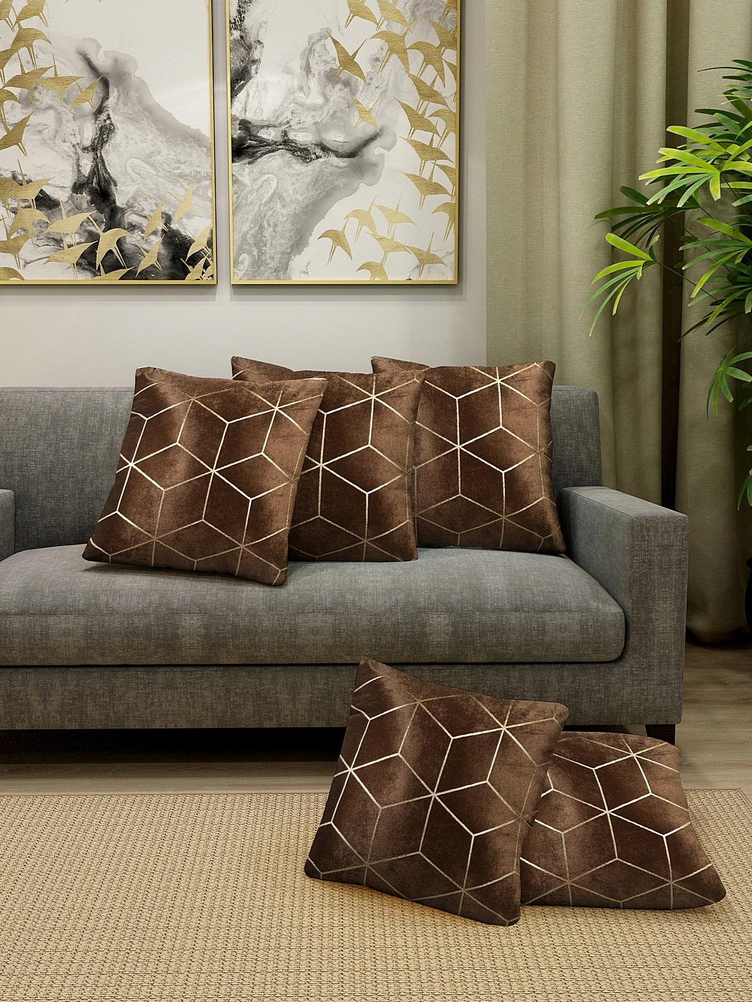 

KLOTTHE Set Of 5 Brown & Gold-Coloured Printed Square Cushion Covers With Fillers