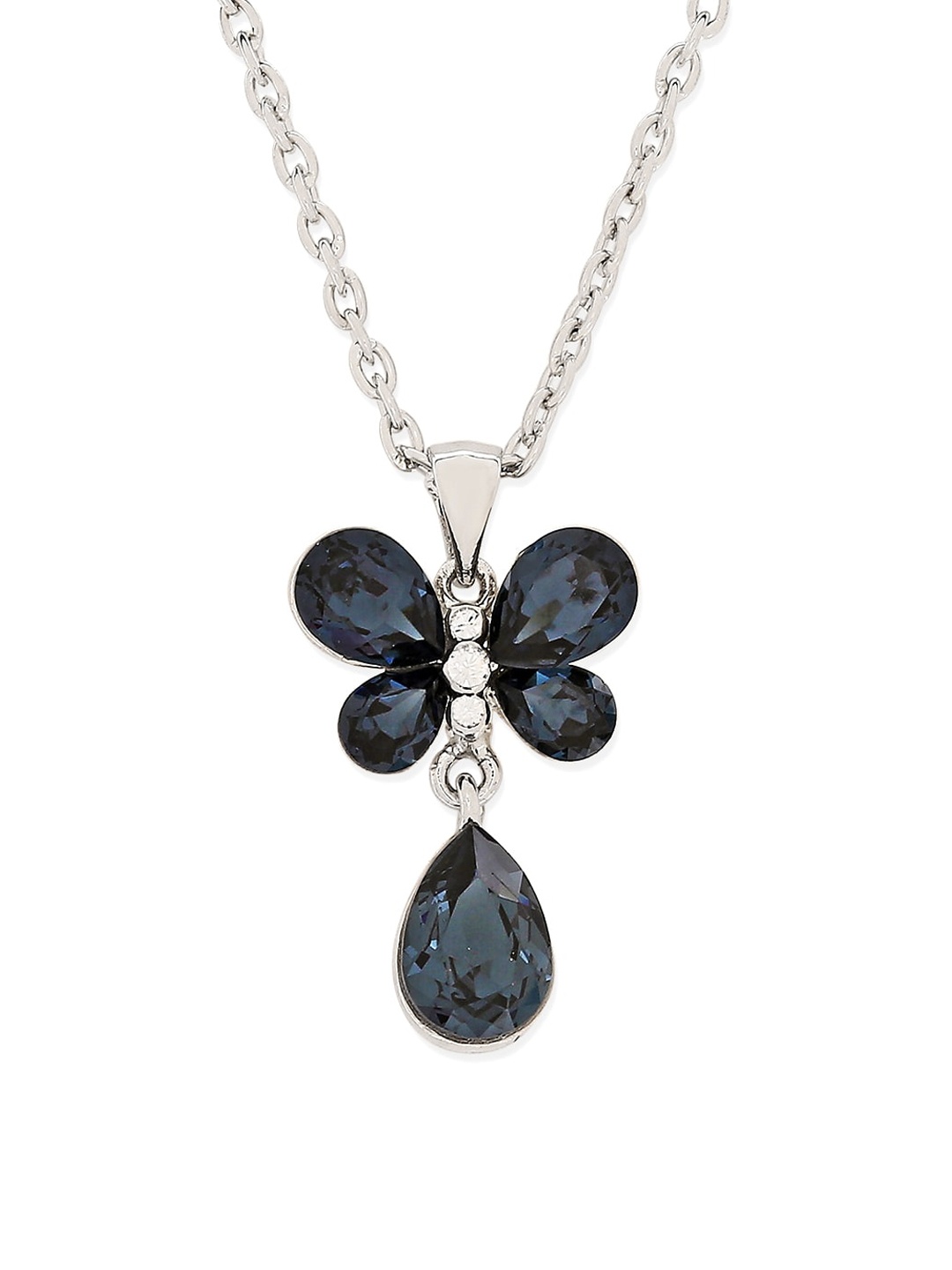 

Mahi Rhodium-Plated Silver-Toned & Blue CZ Stone-Studded Butterfly Shaped Pendant with Chain