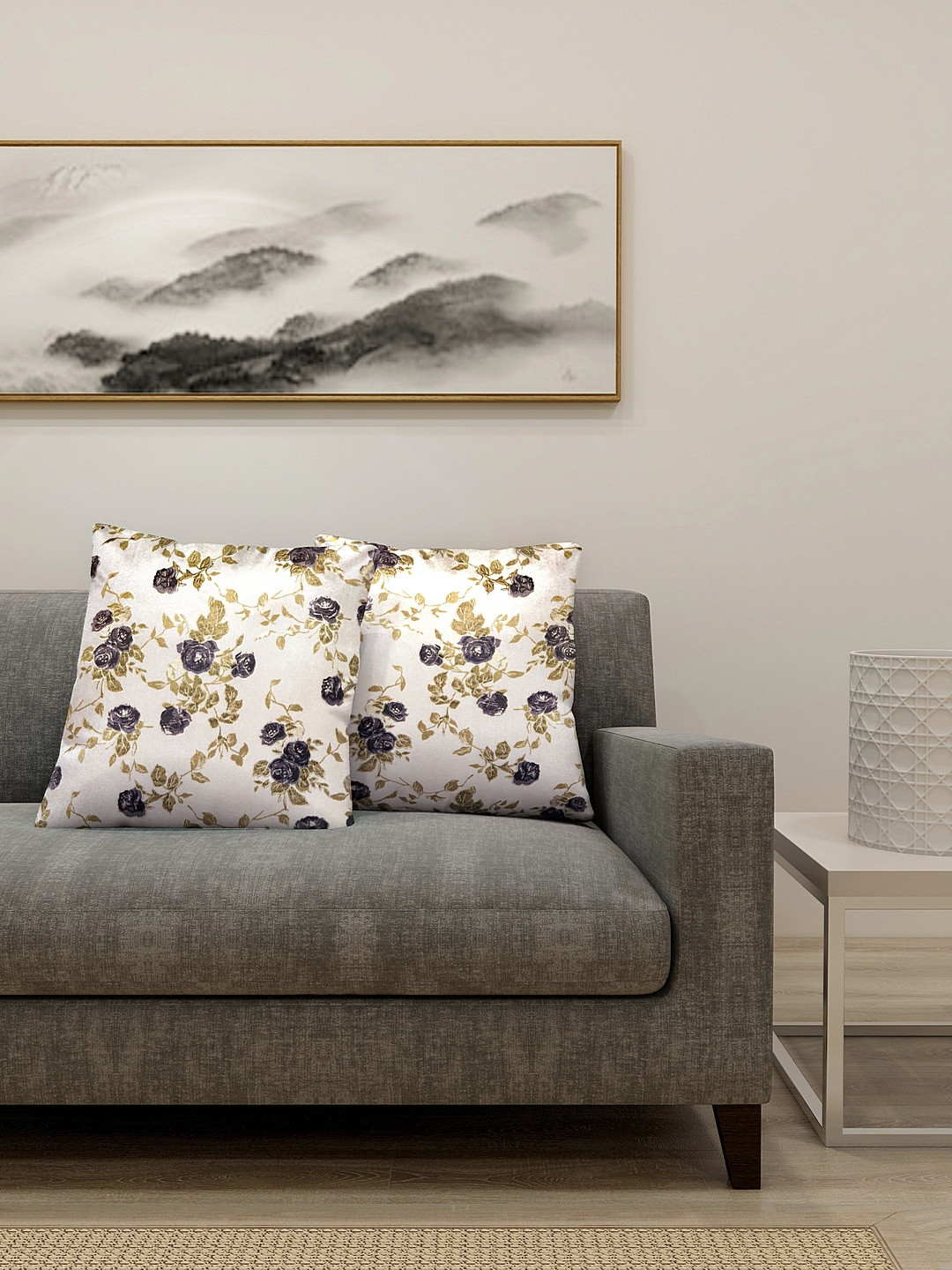 

KLOTTHE Set Of 2 Off White & Green Printed Cushion with Fillers