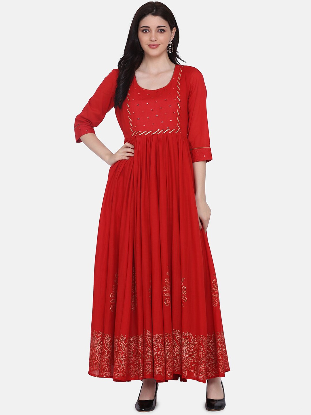 

Saanjh Women Red Embroidered Anarkali Kurta
