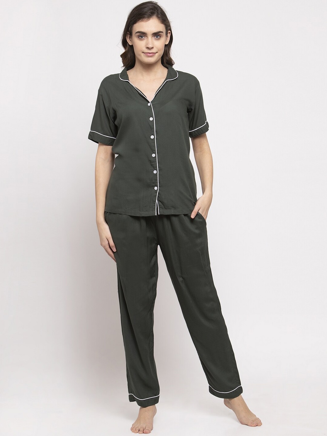 

NEUDIS Women Olive Green Solid Night Suit