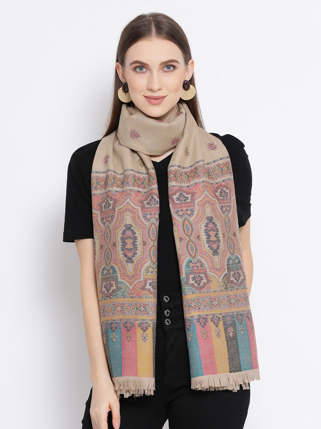 

SHINGORA Women Beige & Pink Woven Design Woolen Stole
