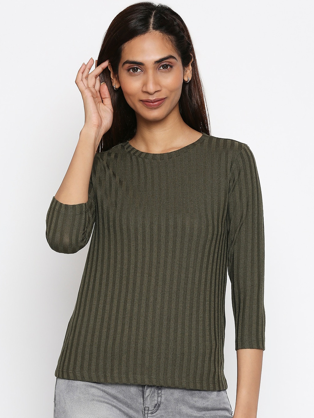

Honey by Pantaloons Women Olive Green Striped Top