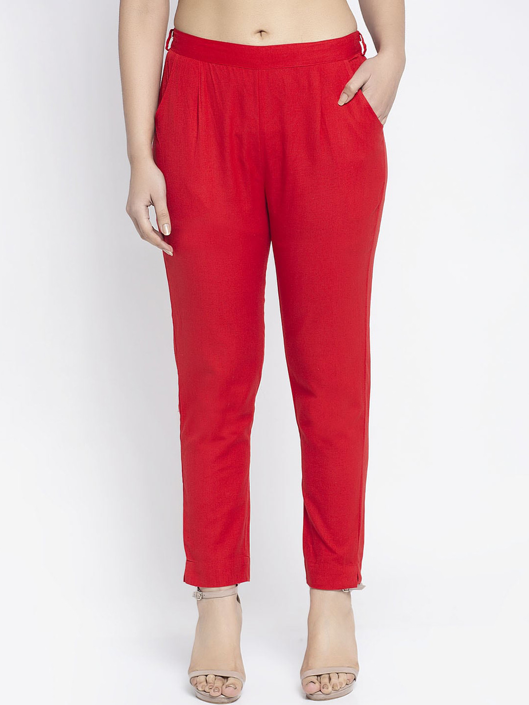 

Aujjessa Women Red Regular Fit Solid Cigarette Trousers