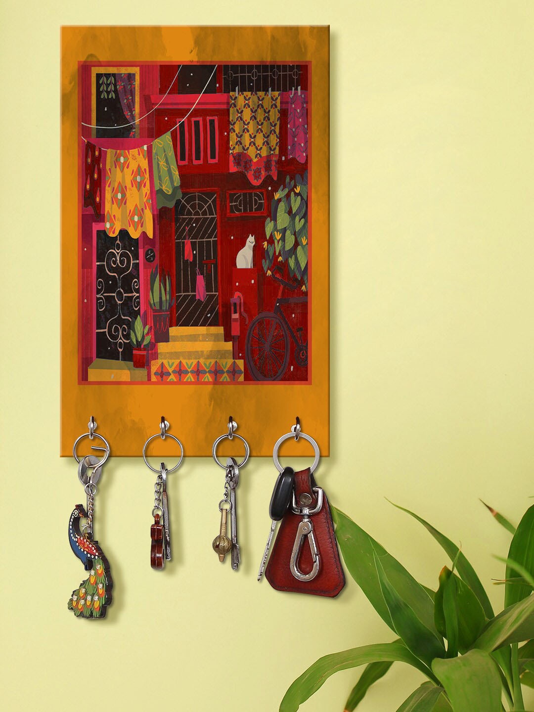 

999Store Red & Green Decorative House Wall Mount Wooden Keyholder