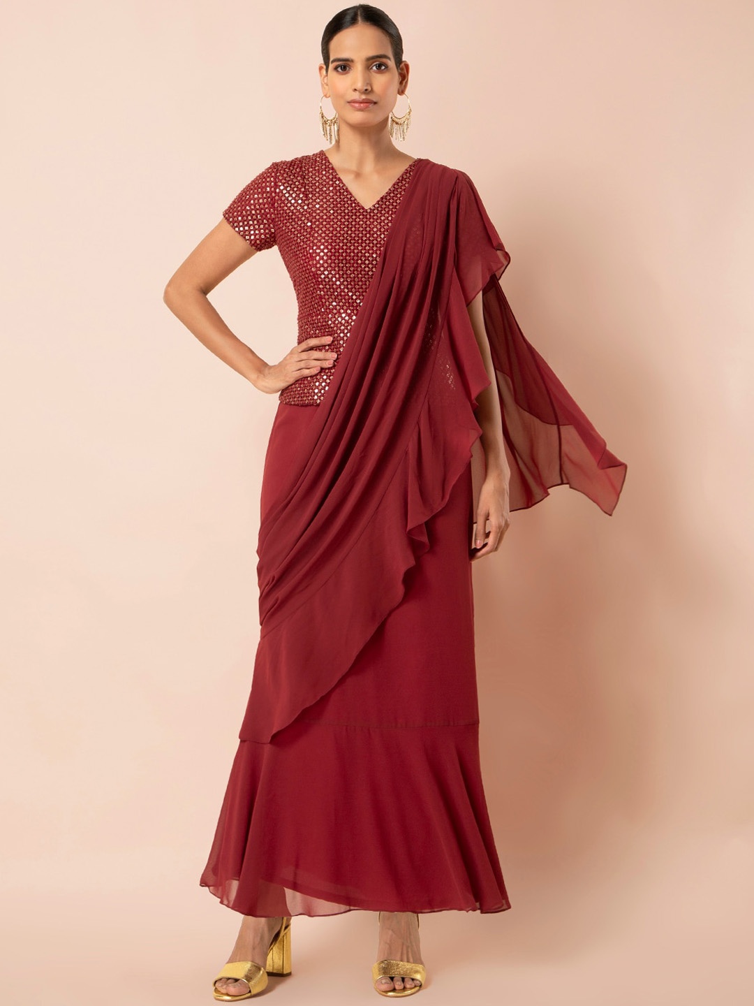 

INDYA Maroon Embroidered Pre Draped Ready To Wear Saree