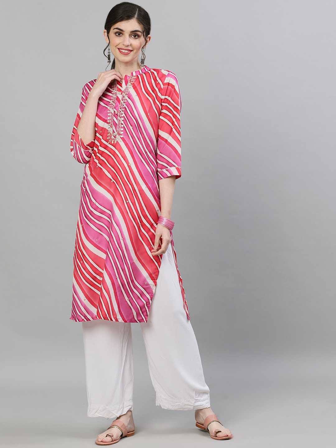 

Ishin Women Pink & Red Striped Straight Kurta