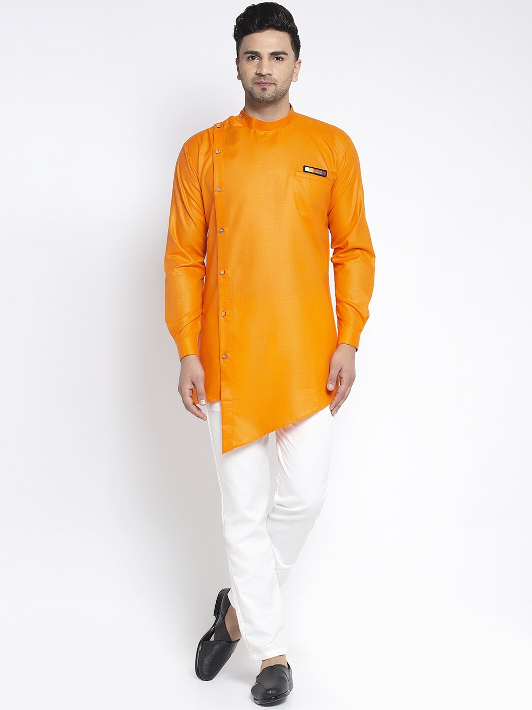 

Benstoke Men Orange & White Solid Angrakha Kurta with Pyjamas