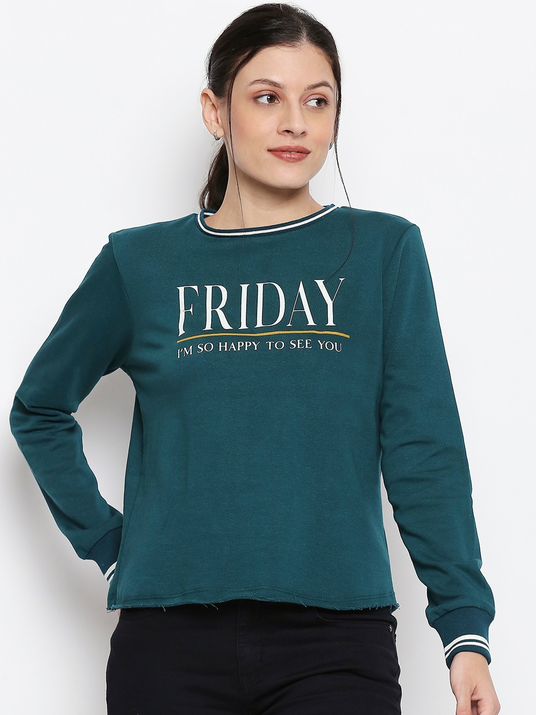 

People Women Green & White Printed Sweatshirt