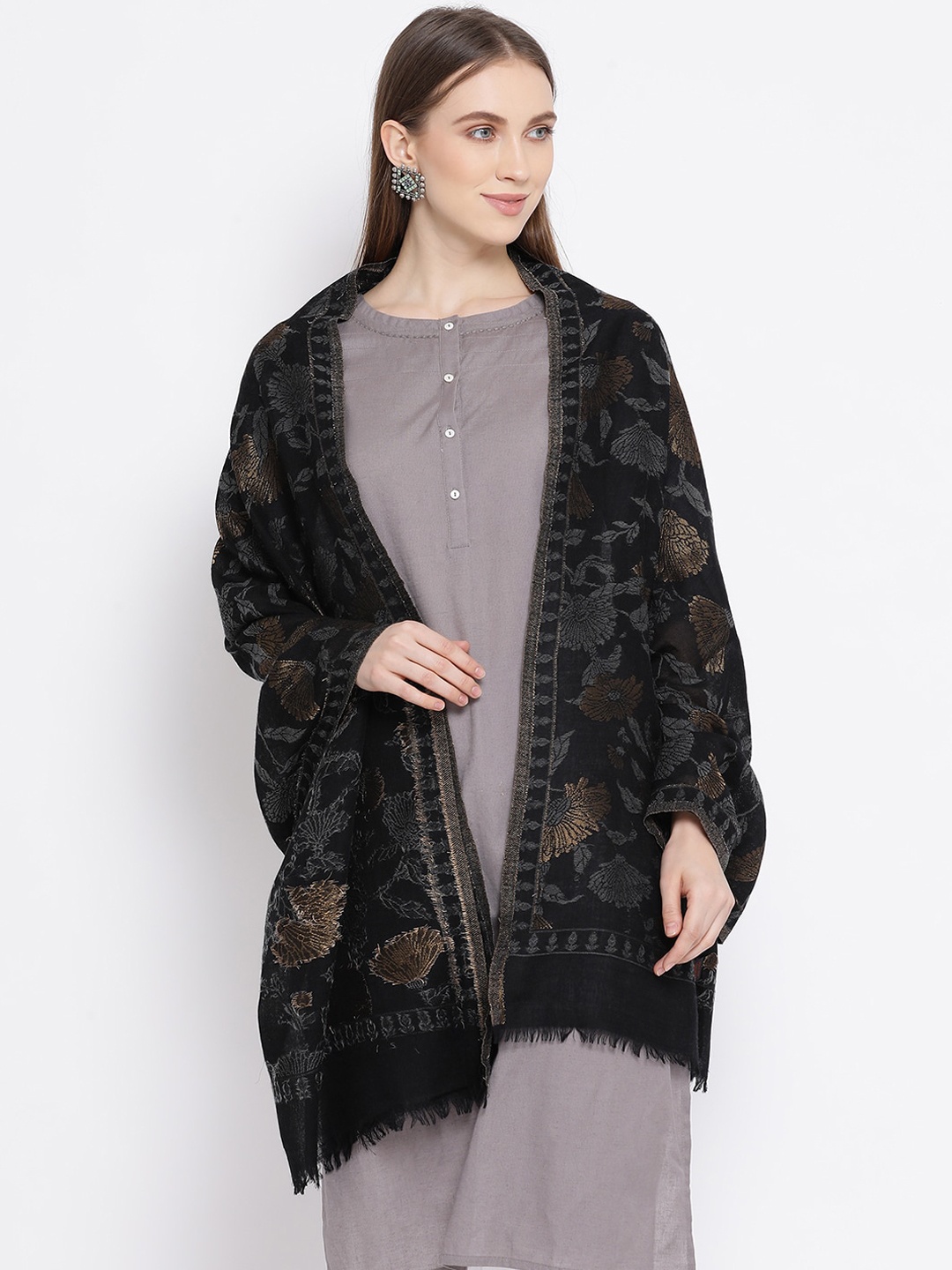 

SHINGORA Women Black & Grey Woven Design Jacquard Stole