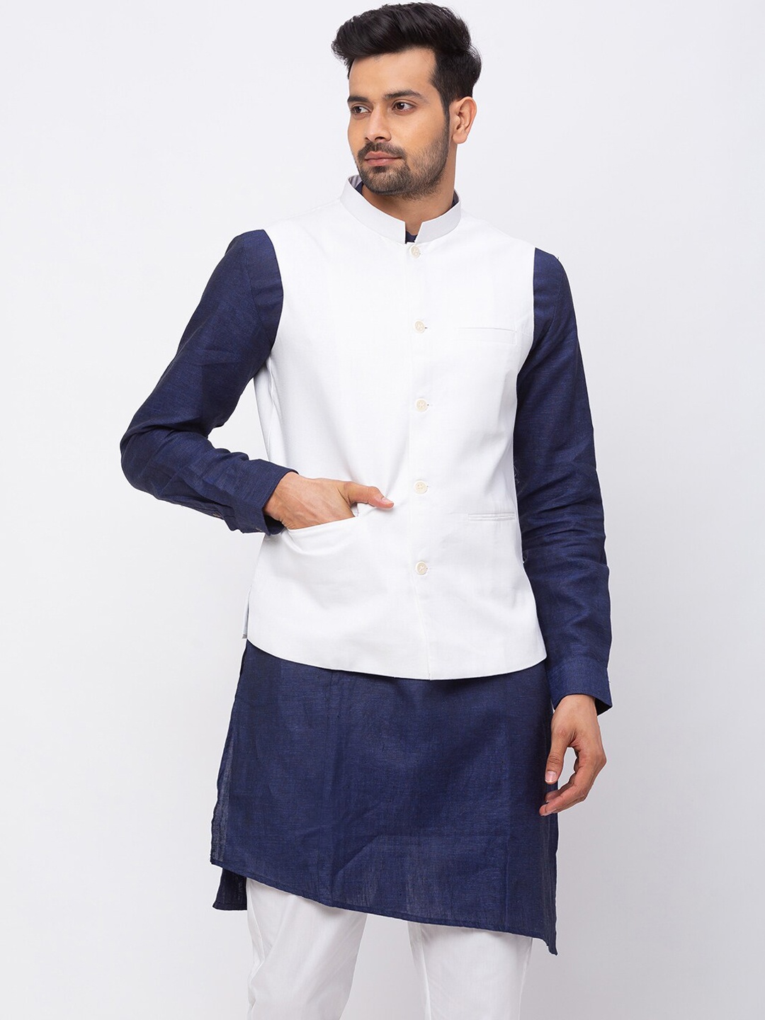 

Ethnicity Men White Solid Nehru Jacket