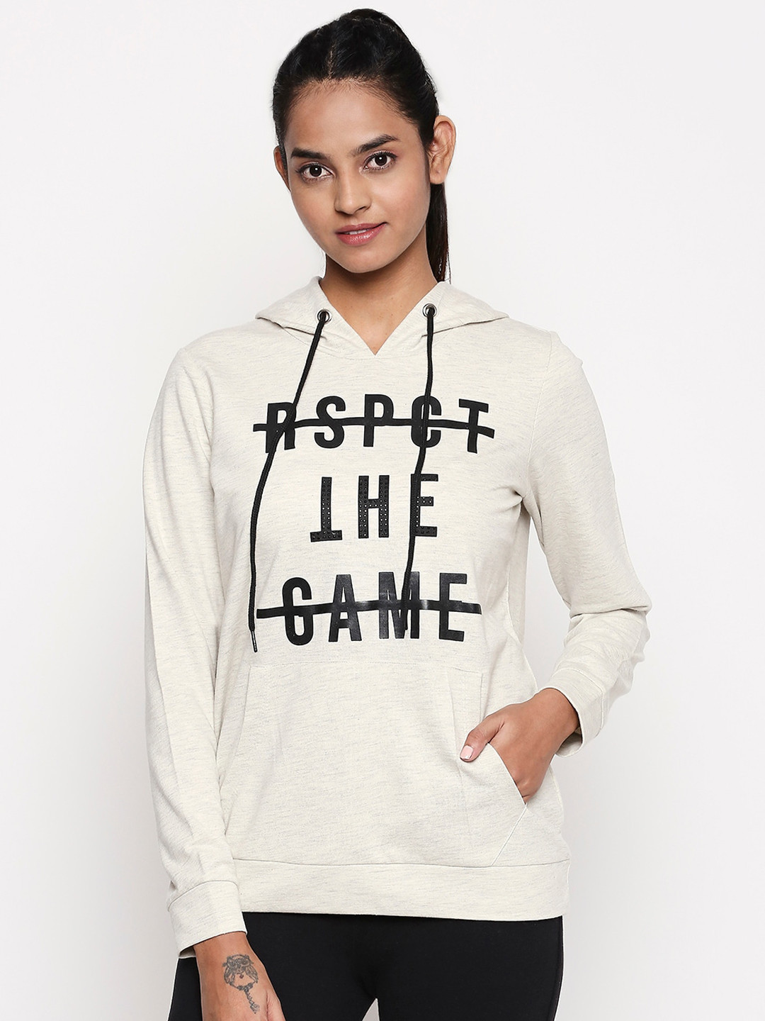 

Ajile by Pantaloons Women Grey & Black Printed Hooded Sweatshirt