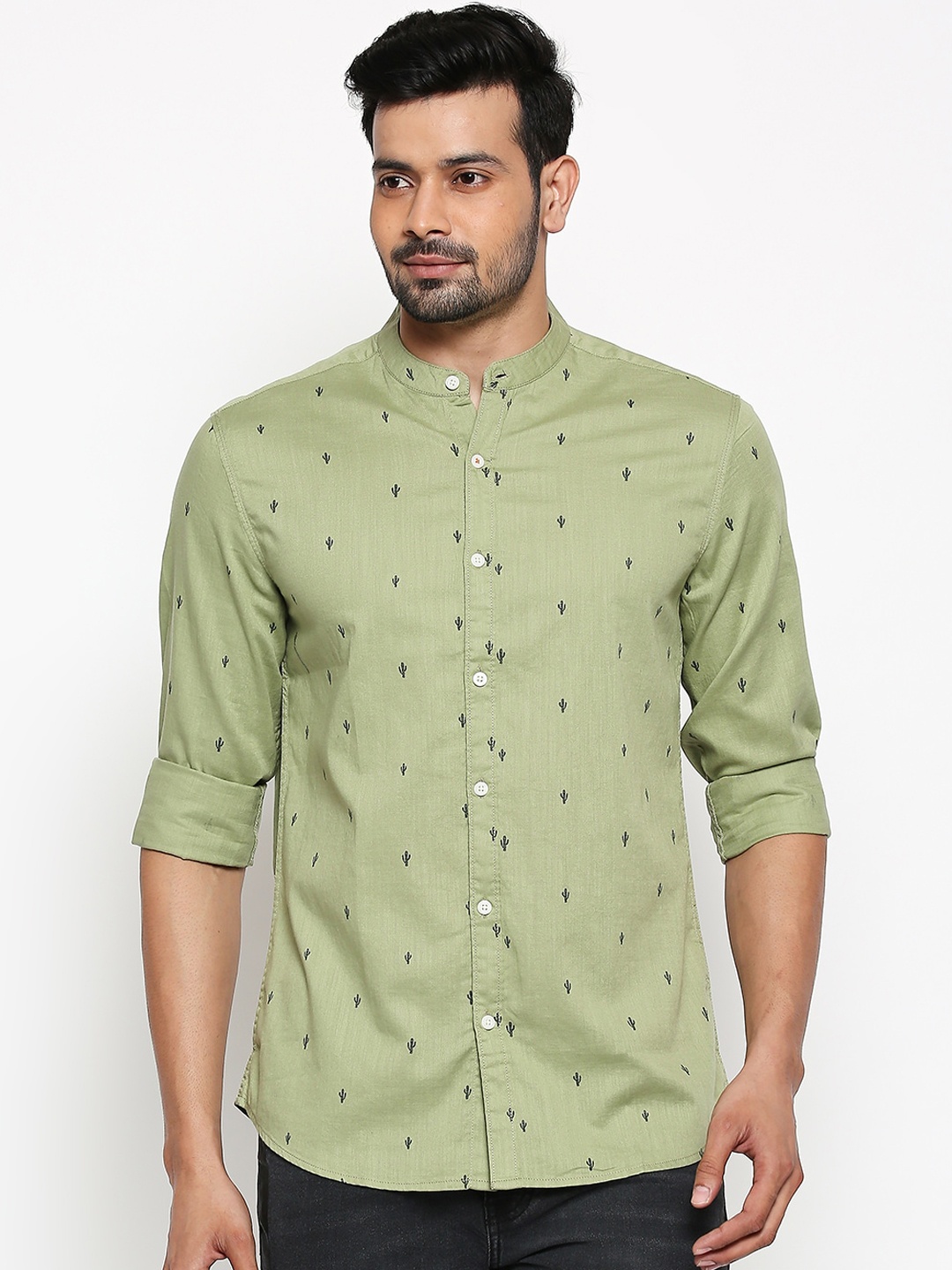 

People Men Green Slim Fit Printed Casual Cotton Shirt