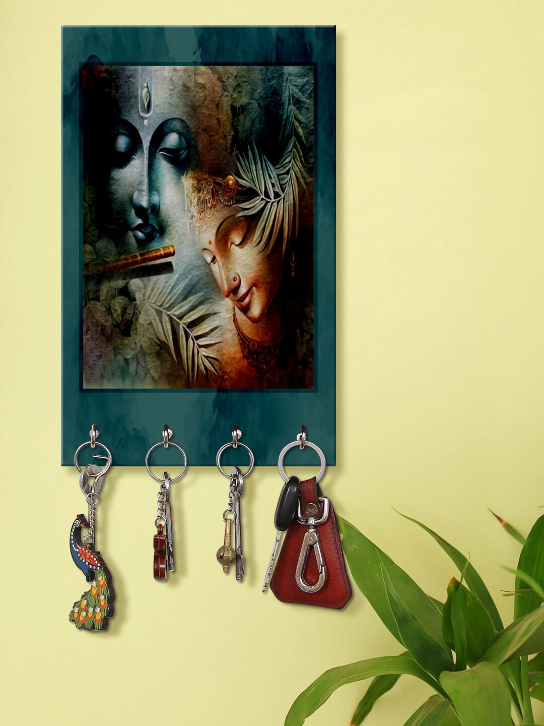 

999Store Teal Blue & Brown Radha Krishna Printed Key Holder With 4 Hooks