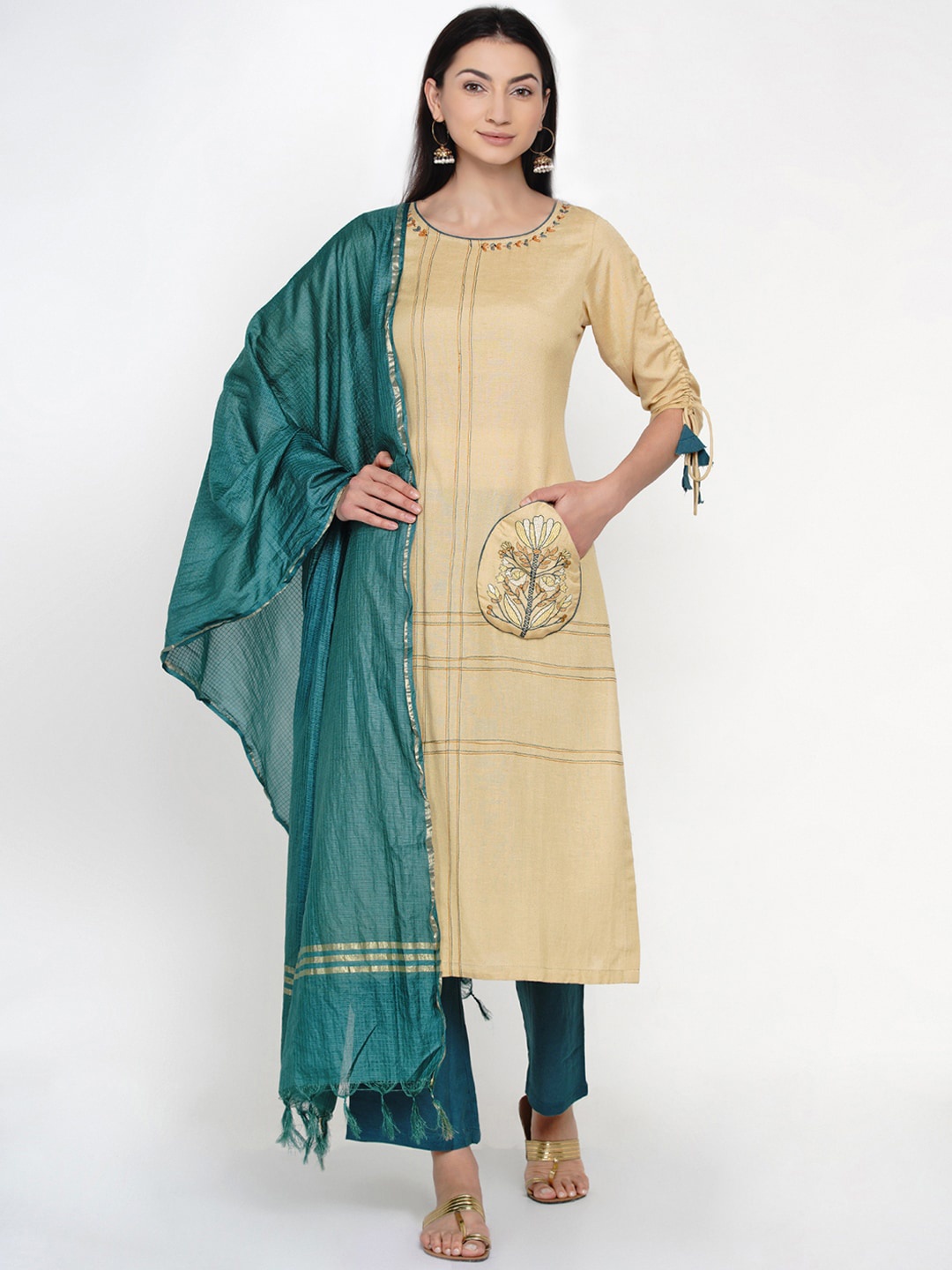 

Yuris Women Beige & Teal Green Embroidered Kurta with Trousers & Dupatta