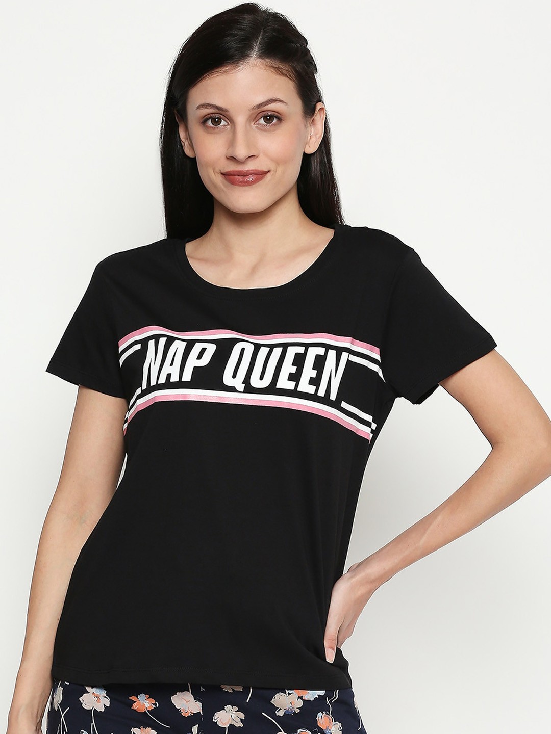

Dreamz by Pantaloons Women Black Printed Cotton Lounge T-shirt